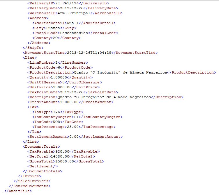 Detalhe do ficheiro XML de auditoria fiscal