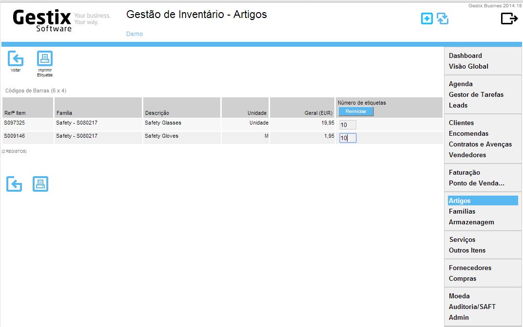 Indicar o número de etiquetas a imprimir para cada artigo