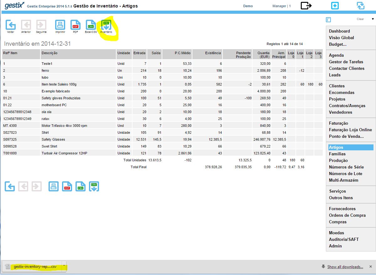Descarregar o ficheiro CSV do inventário no Gestix