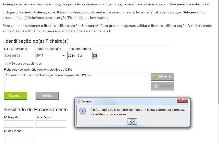 Indicação do CSV validado no site das Finanças e-Fatura