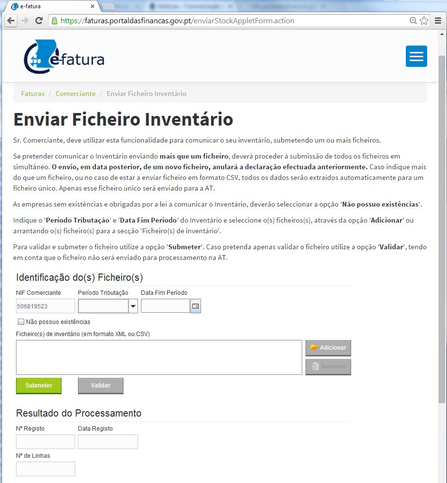 Faturas / Comerciante / Enviar Ficheiro Inventário