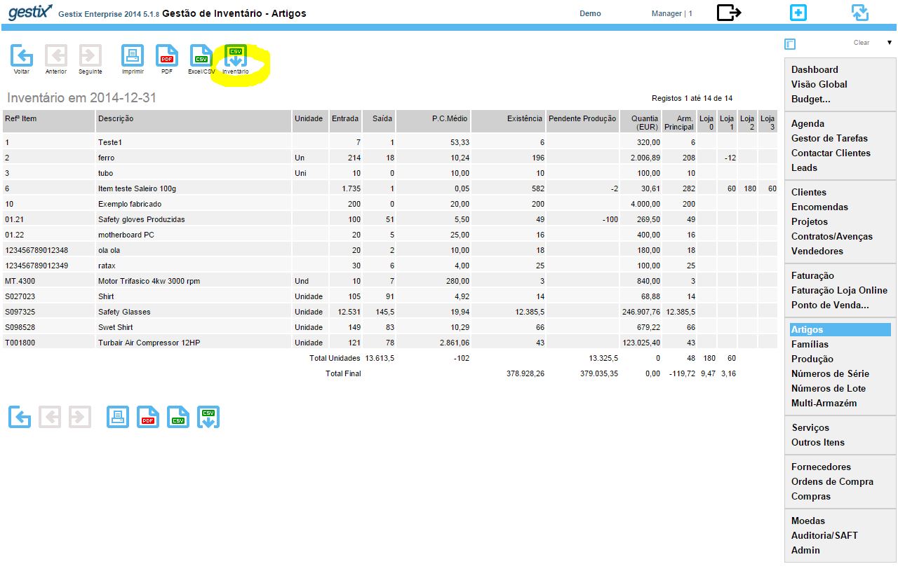Inventário (Positivos) pronto a exportar para CSV
