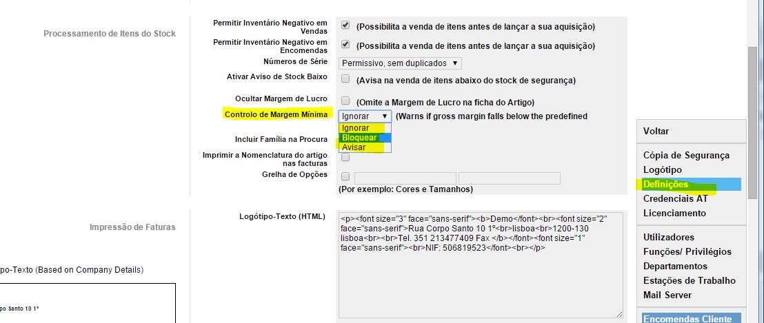 Menu Admin | Definições | Processamento de Itens do Stock