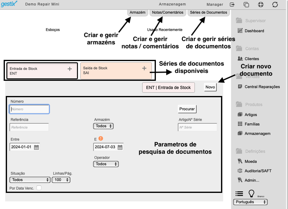 Software de Gestão grátis Gestix Repair Central - Menu Armazenagem