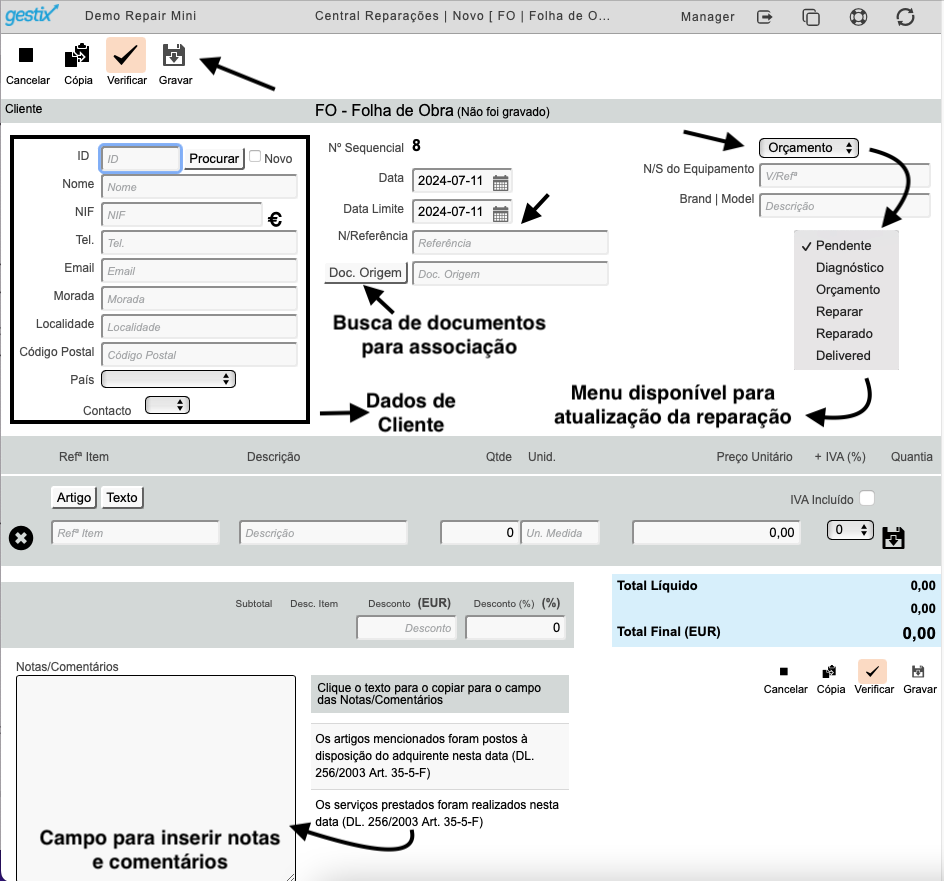 Software de Gestão Grátis Gestix Repair Central - Central de Reparações folha de obra como completar