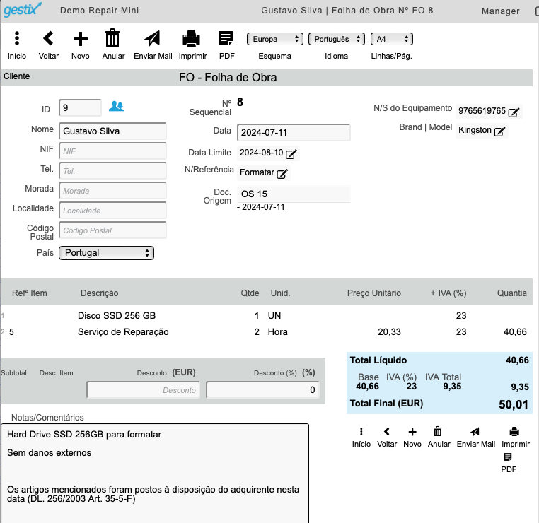 Software de Gestão Grátis Gestix Repair Central - Central de Reparações folha de obra nota de entrega